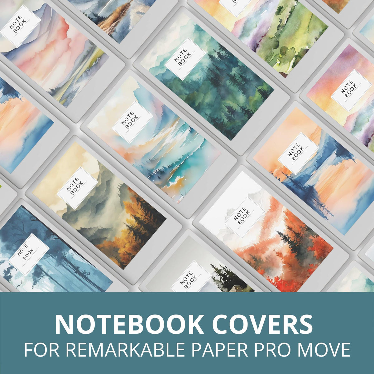 Forest notebook cover bundle for the reMarkable Paper Pro Move featuring 12 watercolor nature digital covers, landscape designs, and library organization styles.