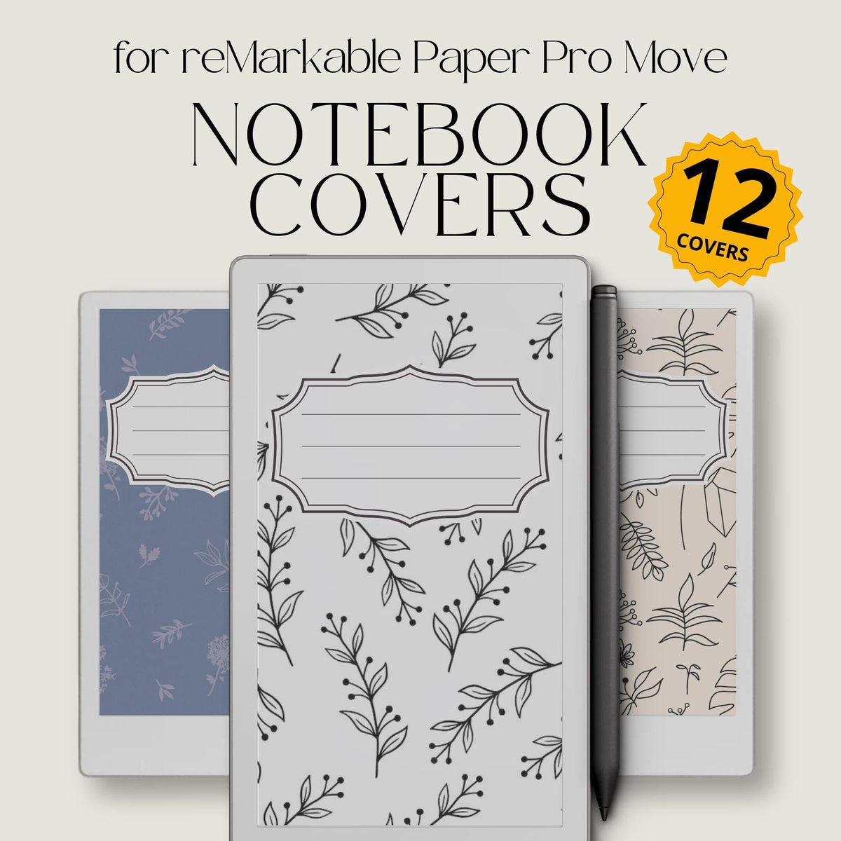 Flower notebook cover bundle for the reMarkable Paper Pro Move featuring 12 minimalist floral digital covers, botanical line-art, and file organization layouts.