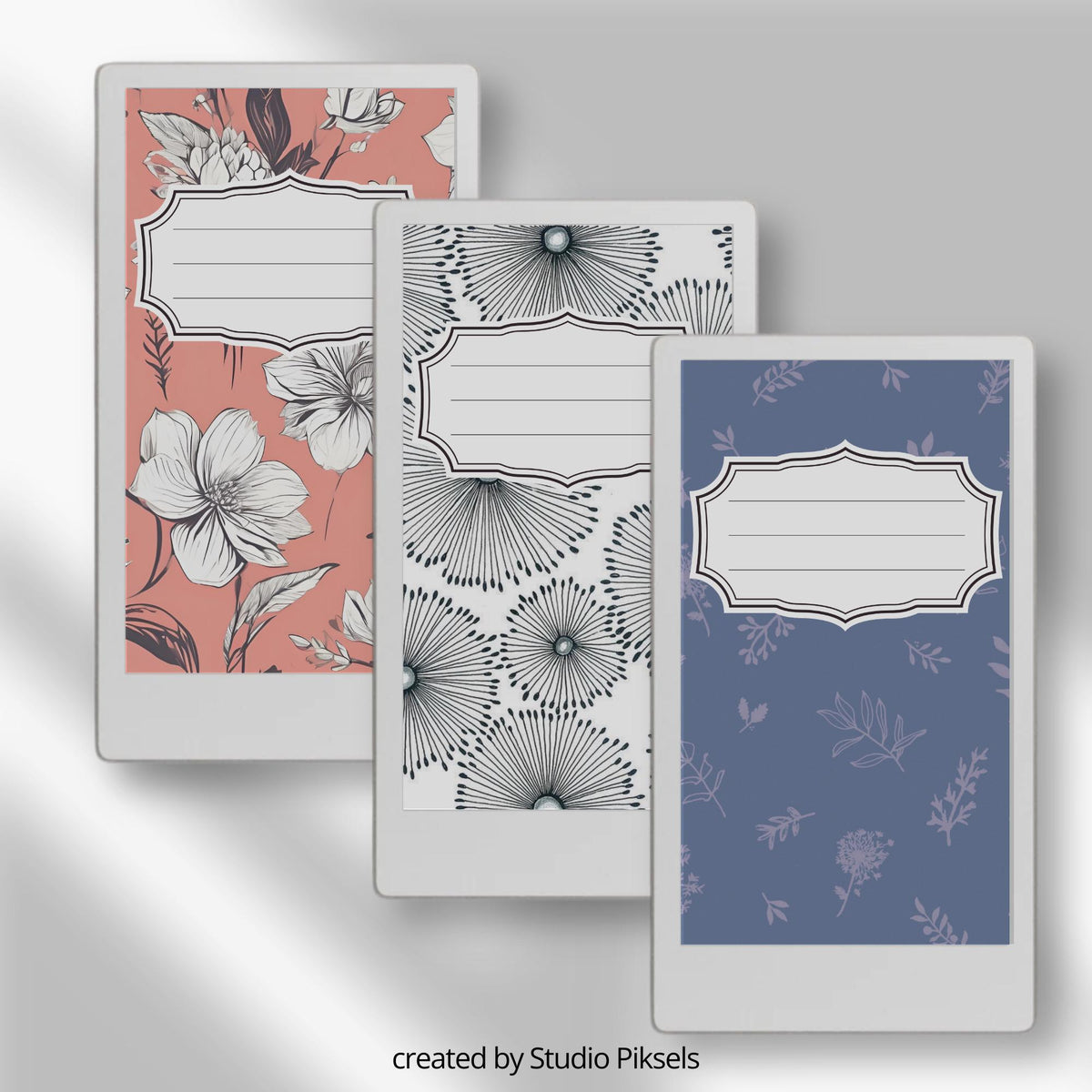 Flower notebook cover bundle for the reMarkable Paper Pro Move featuring 12 minimalist floral digital covers, botanical line-art, and file organization layouts.
