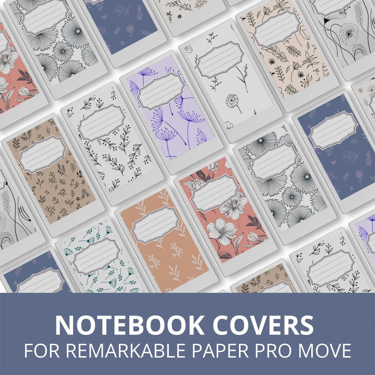 Flower notebook cover bundle for the reMarkable Paper Pro Move featuring 12 minimalist floral digital covers, botanical line-art, and file organization layouts.