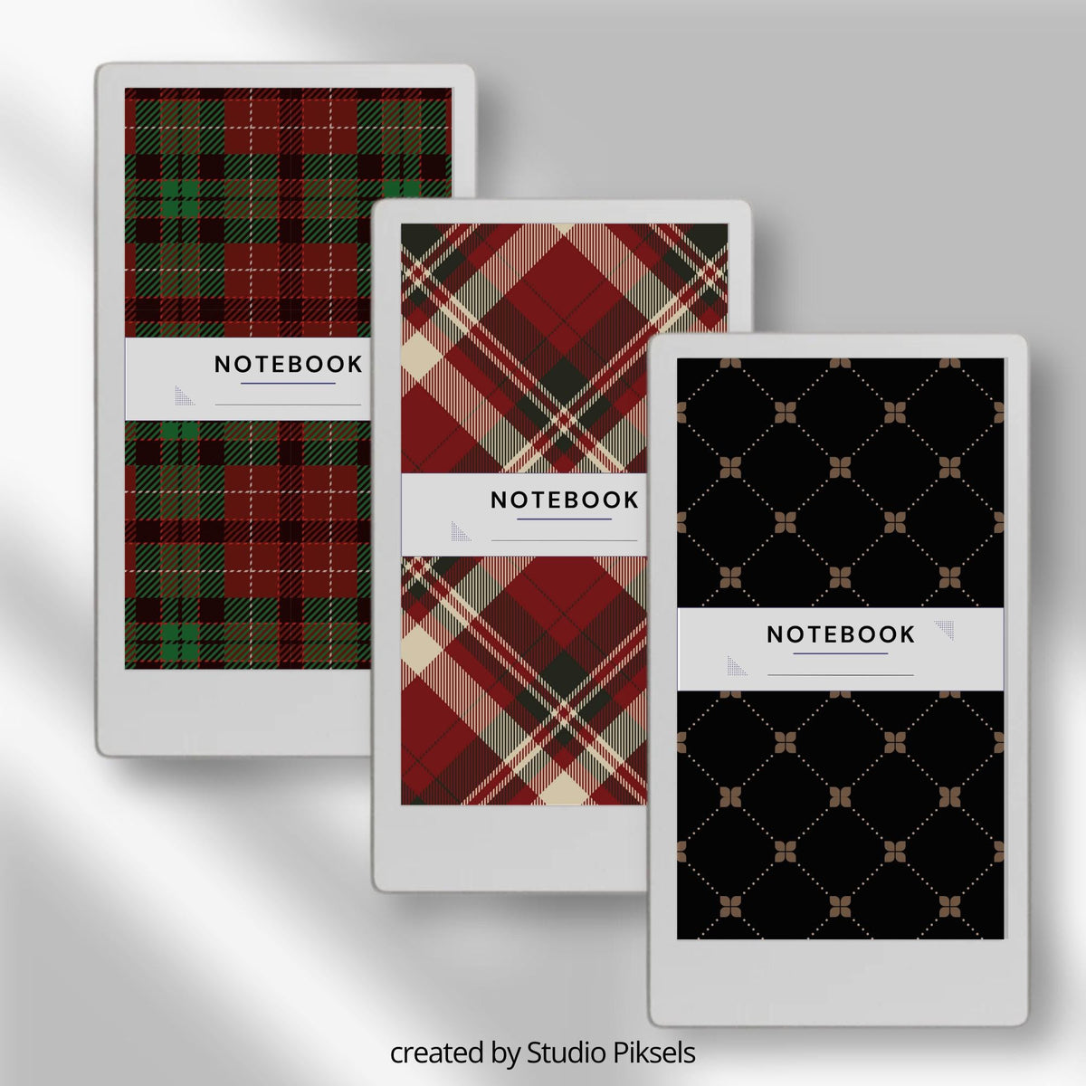 Patterned notebook cover bundle for the reMarkable Paper Pro Move featuring 12 geometric digital covers, minimalist design patterns, and library organization styles.
