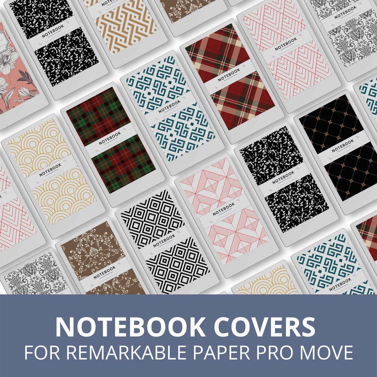 Patterned notebook cover bundle for the reMarkable Paper Pro Move featuring 12 geometric digital covers, minimalist design patterns, and library organization styles.