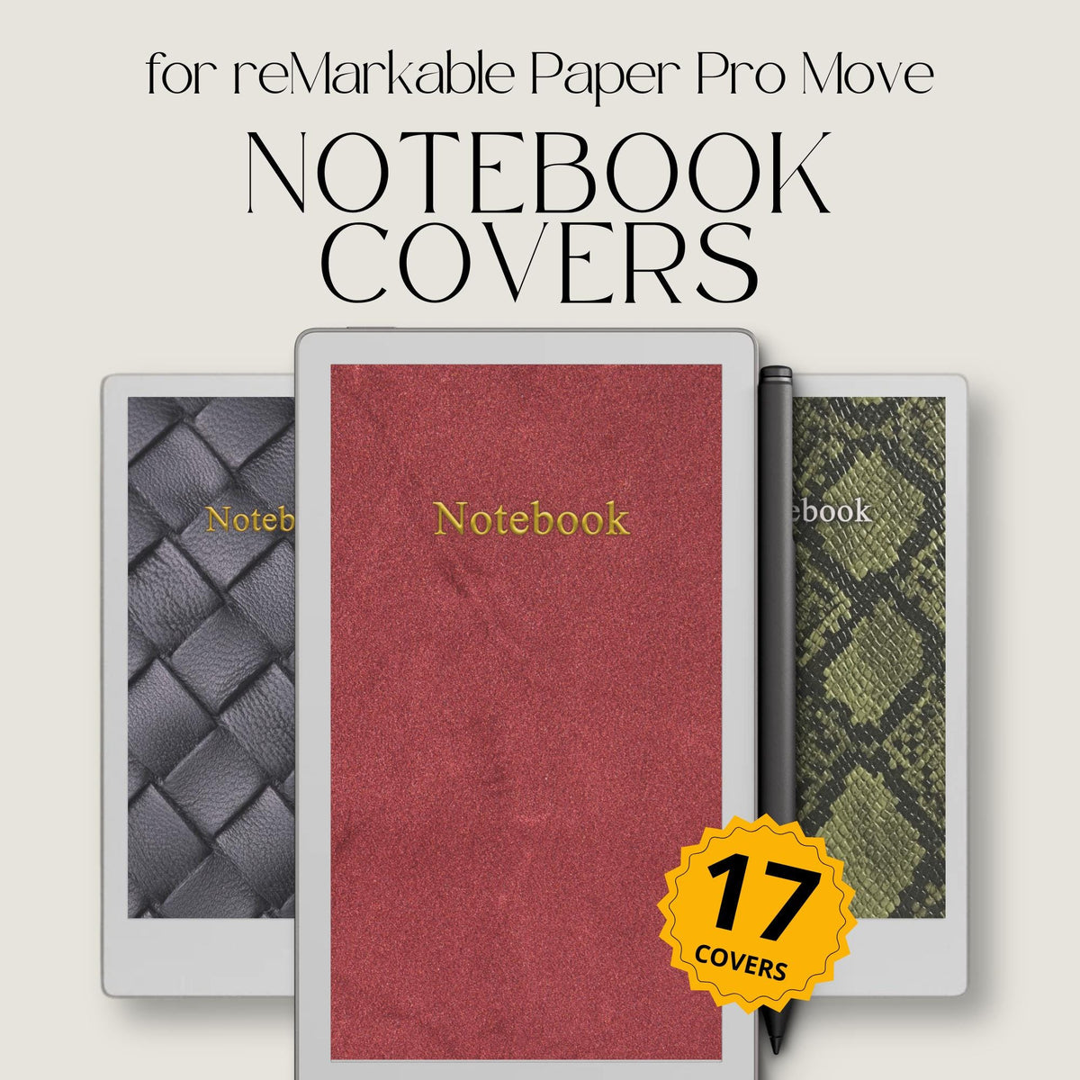 Leather-look notebook cover bundle for the reMarkable Paper Pro Move featuring 17 texturized digital covers, executive planner styles, and file organization layouts.