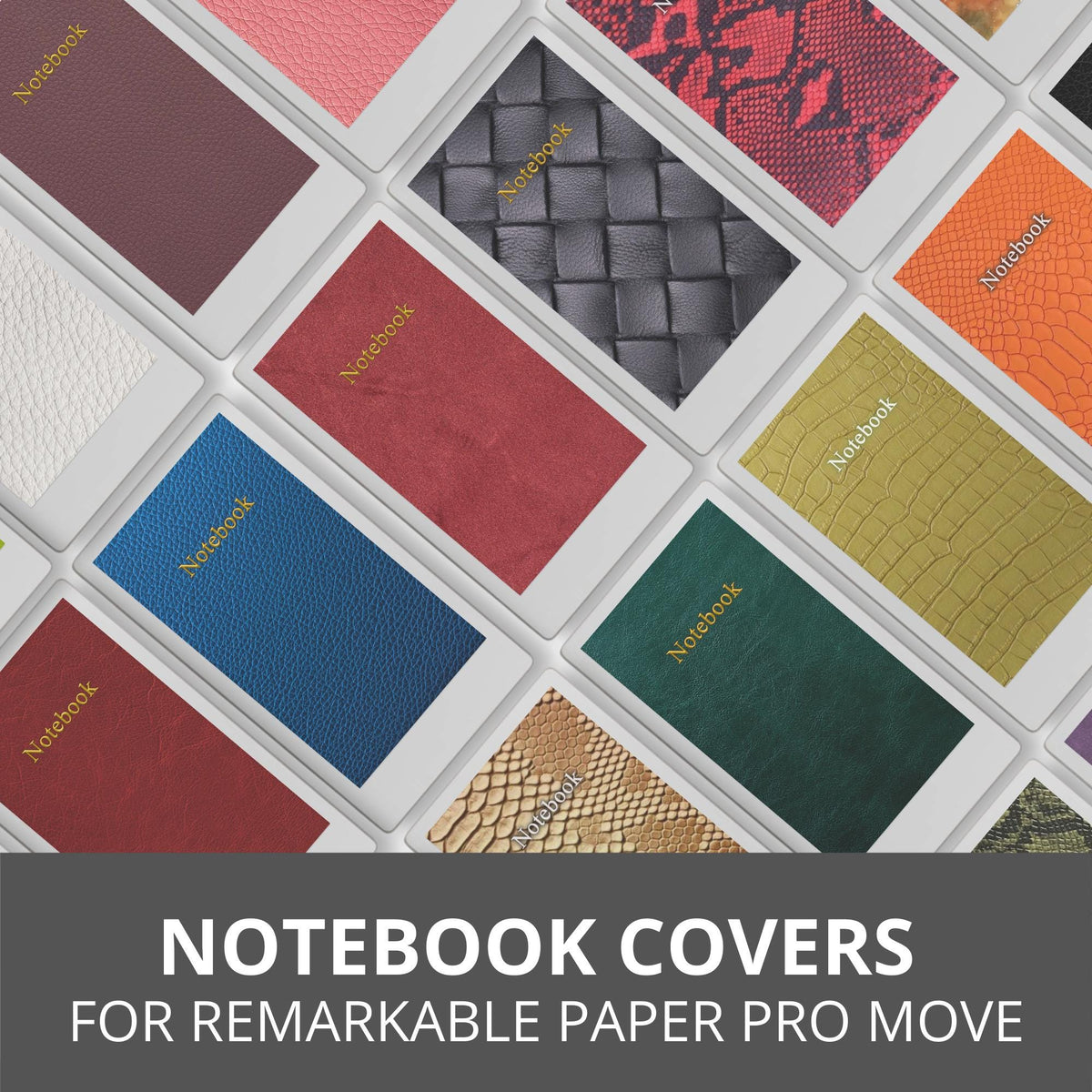 Leather-look notebook cover bundle for the reMarkable Paper Pro Move featuring 17 texturized digital covers, executive planner styles, and file organization layouts.