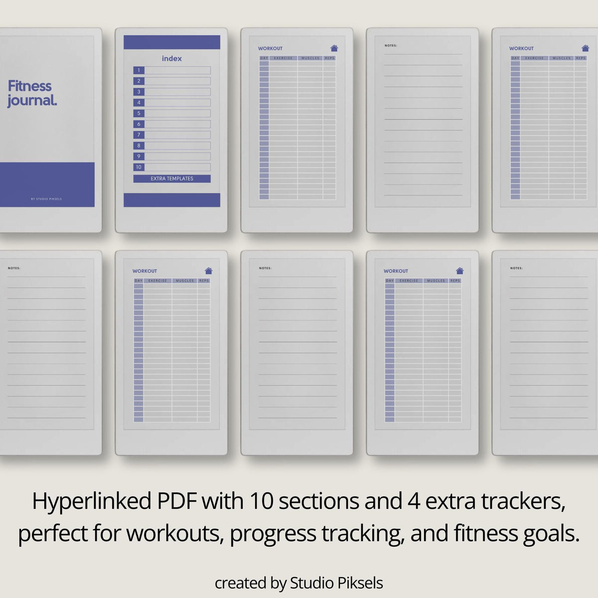 Hyperlinked fitness journal for reMarkable Paper Pro Move featuring workout log pages, linked fitness sections, notes pages, and extra tracker templates for digital fitness planning.