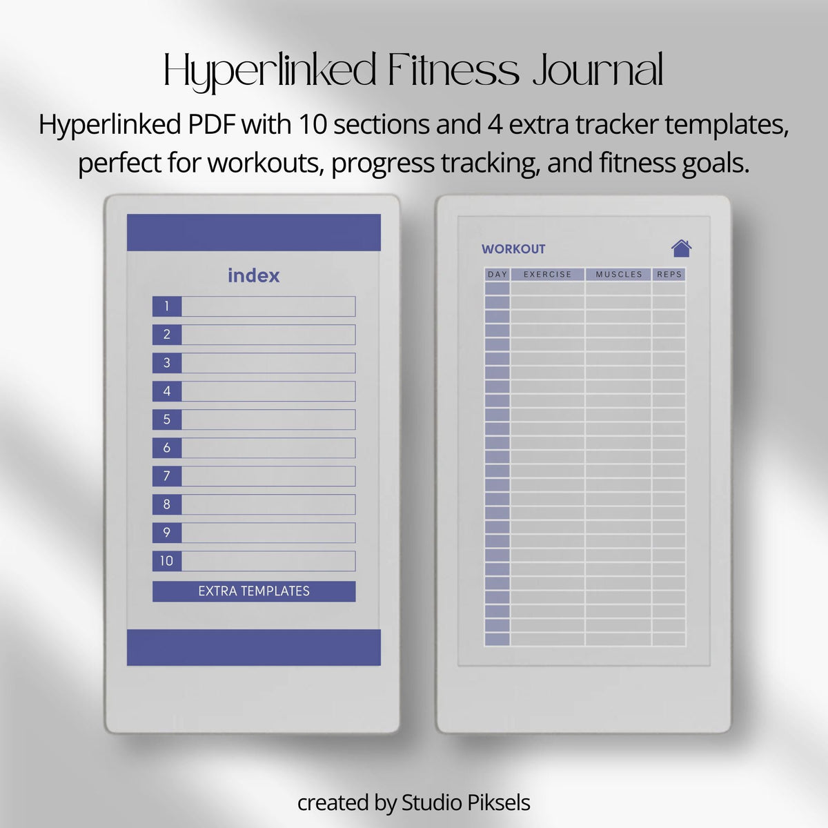 Hyperlinked fitness journal for reMarkable Paper Pro Move featuring workout log pages, linked fitness sections, notes pages, and extra tracker templates for digital fitness planning.