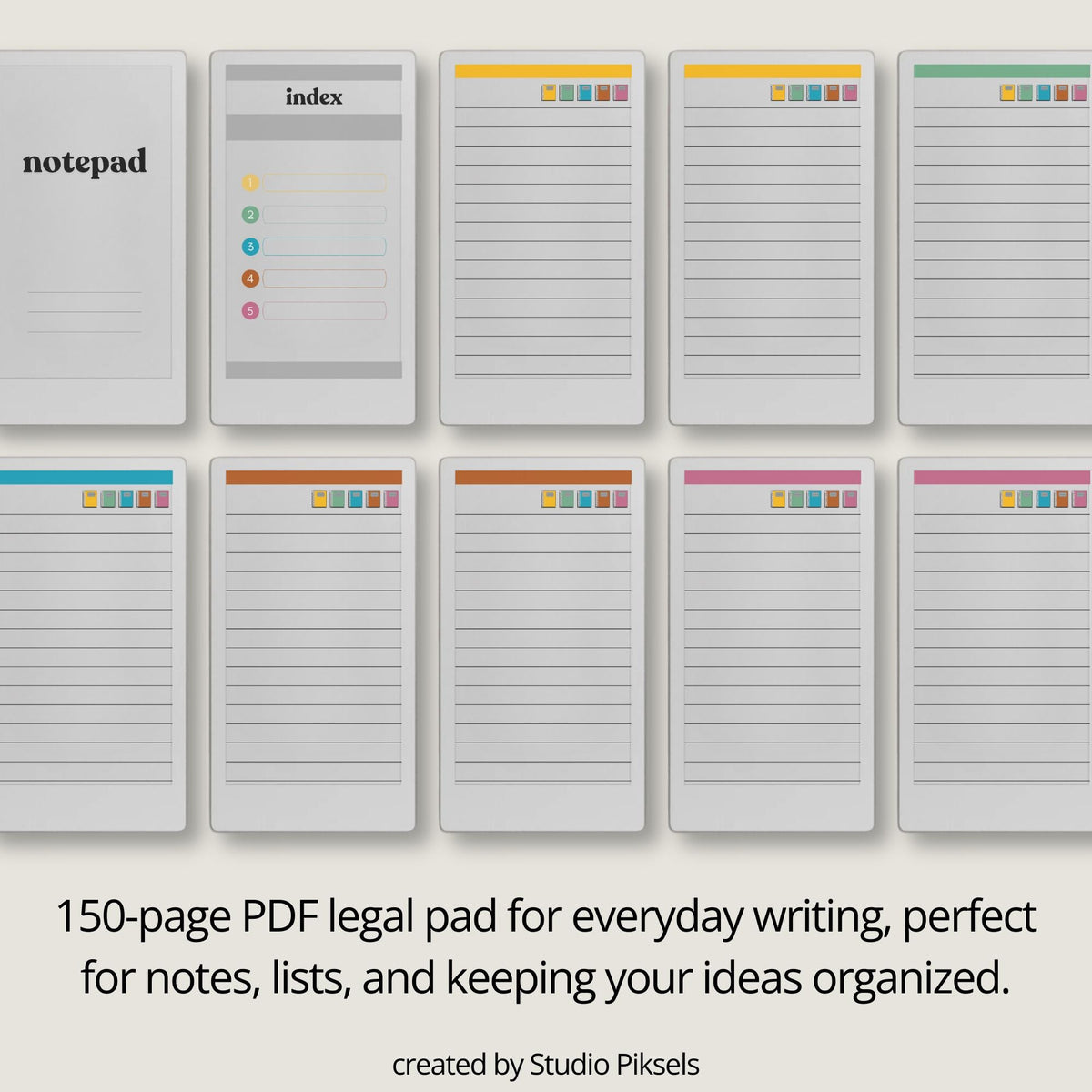 Hyperlinked digital notepad for reMarkable Paper Pro Move with lined pages, color-coded sections, and clickable notebook navigation