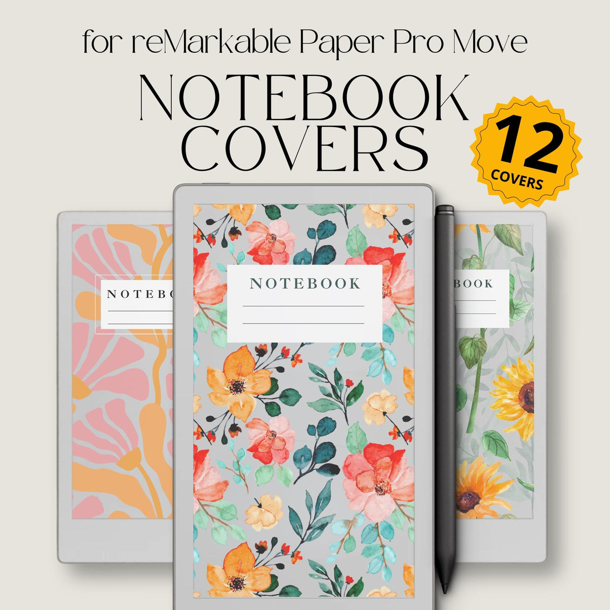 Digital notebooks with this Floral Notebook Cover Bundle designed for reMarkable Paper Pro Move. Featuring watercolor flowers, botanical patterns, and elegant floral artwork.