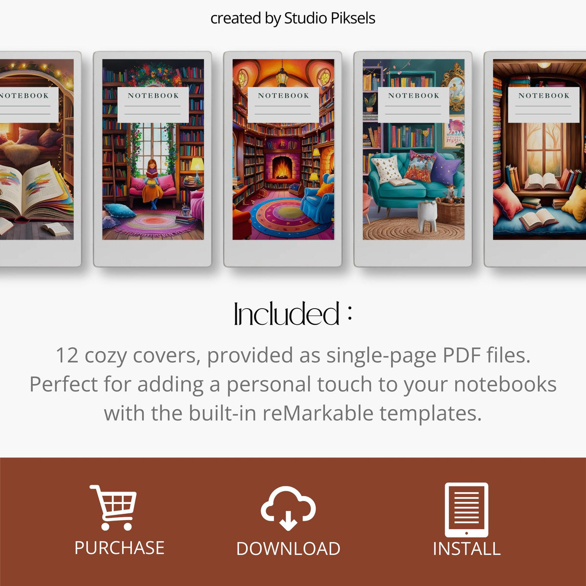 Cozy library notebook cover bundle for the reMarkable Paper Pro Move featuring 12 book nook digital covers, illustration art, and file organization layouts.