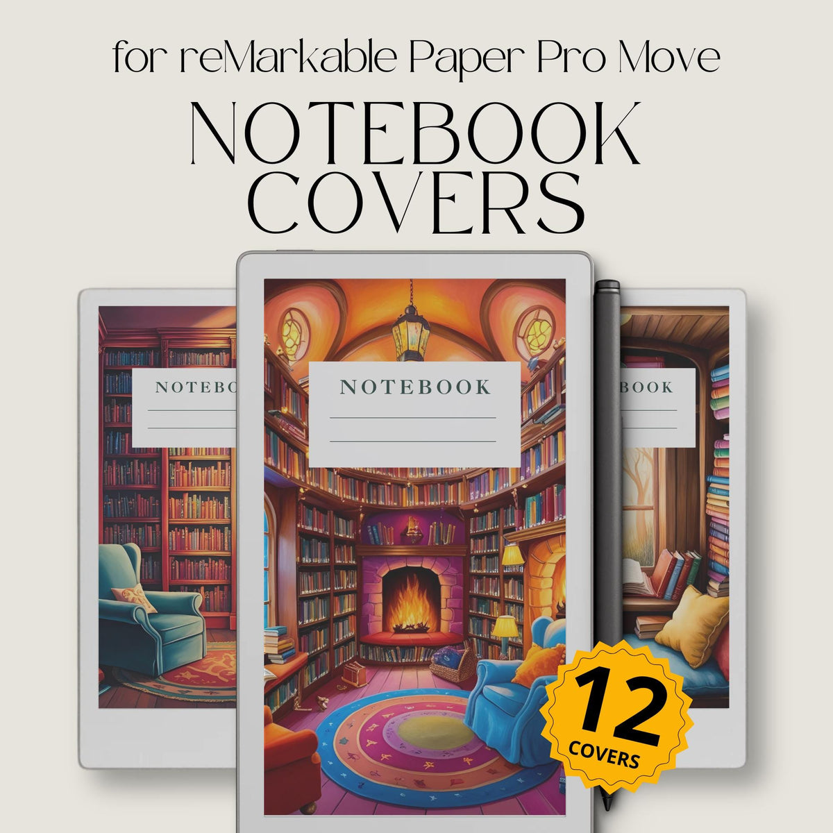 Cozy library notebook cover bundle for the reMarkable Paper Pro Move featuring 12 book nook digital covers, illustration art, and file organization layouts.
