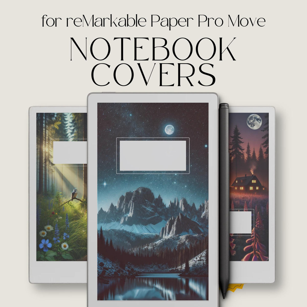 Bring the serenity of the forest to your reMarkable Paper Pro Move with this set of 13 digital notebook covers. Each design features woodland scenes, glowing sunsets, moonlit nights, and cozy cabins to create a nature-inspired aesthetic.
