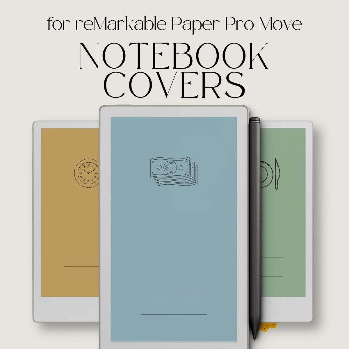 Icon notebook cover bundle for the reMarkable Paper Pro Move featuring 25 digital covers with minimalist line icons, color backgrounds, and file organization layouts.