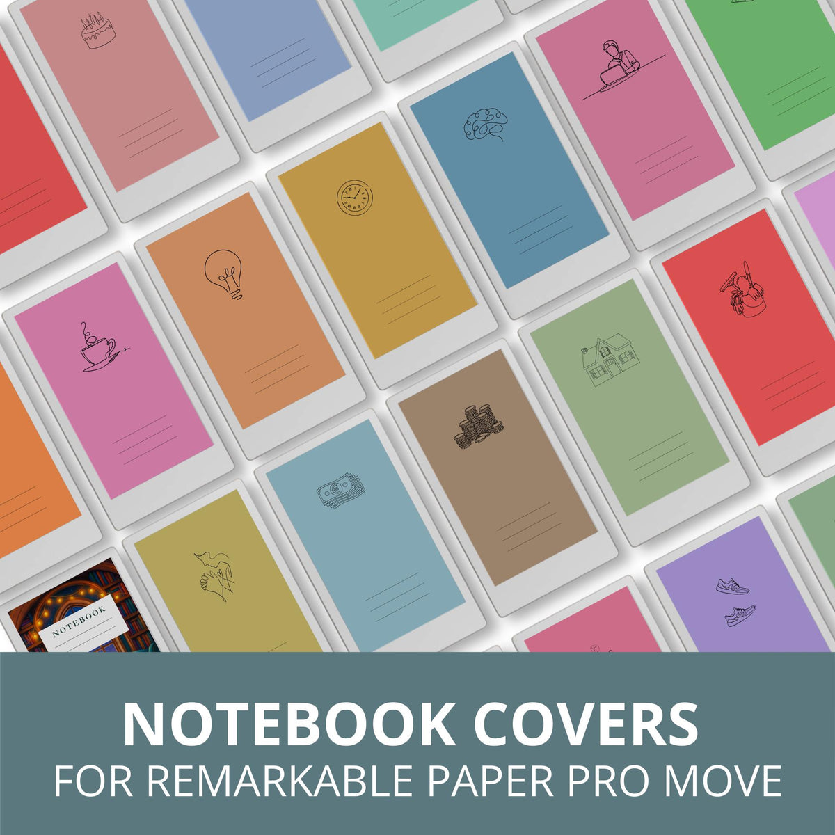 Icon notebook cover bundle for the reMarkable Paper Pro Move featuring 25 digital covers with minimalist line icons, color backgrounds, and file organization layouts.