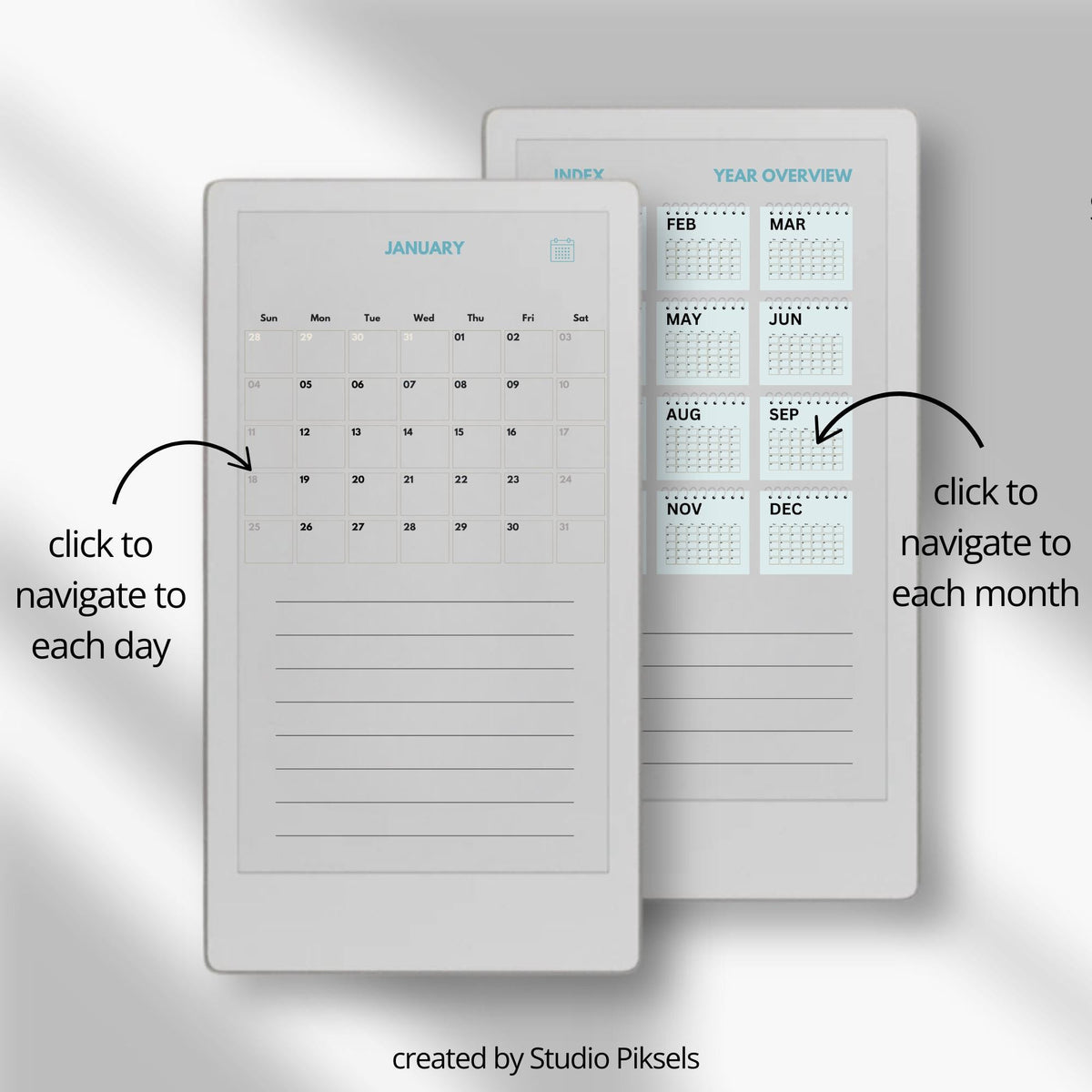 2026 hyperlinked planner for reMarkable Paper Pro Move with yearly overview, monthly calendars, and daily hourly pages for structured planning.