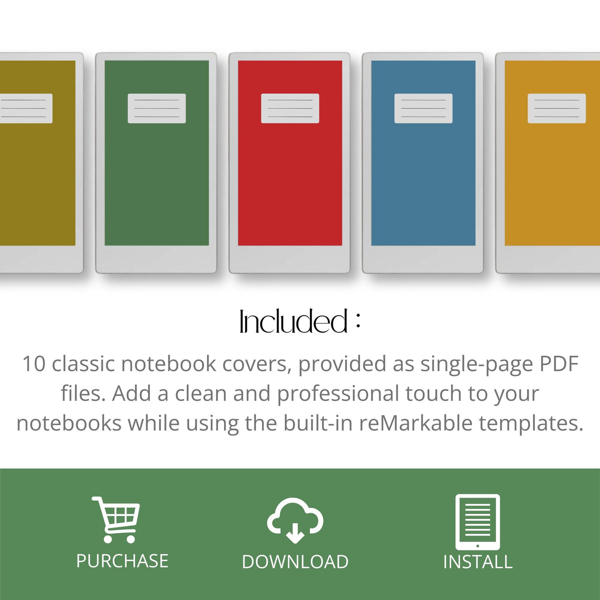 Classic notebook cover bundle for the reMarkable Paper Pro Move featuring 10 solid-color digital covers, minimalist planner aesthetics, and file organization layouts.