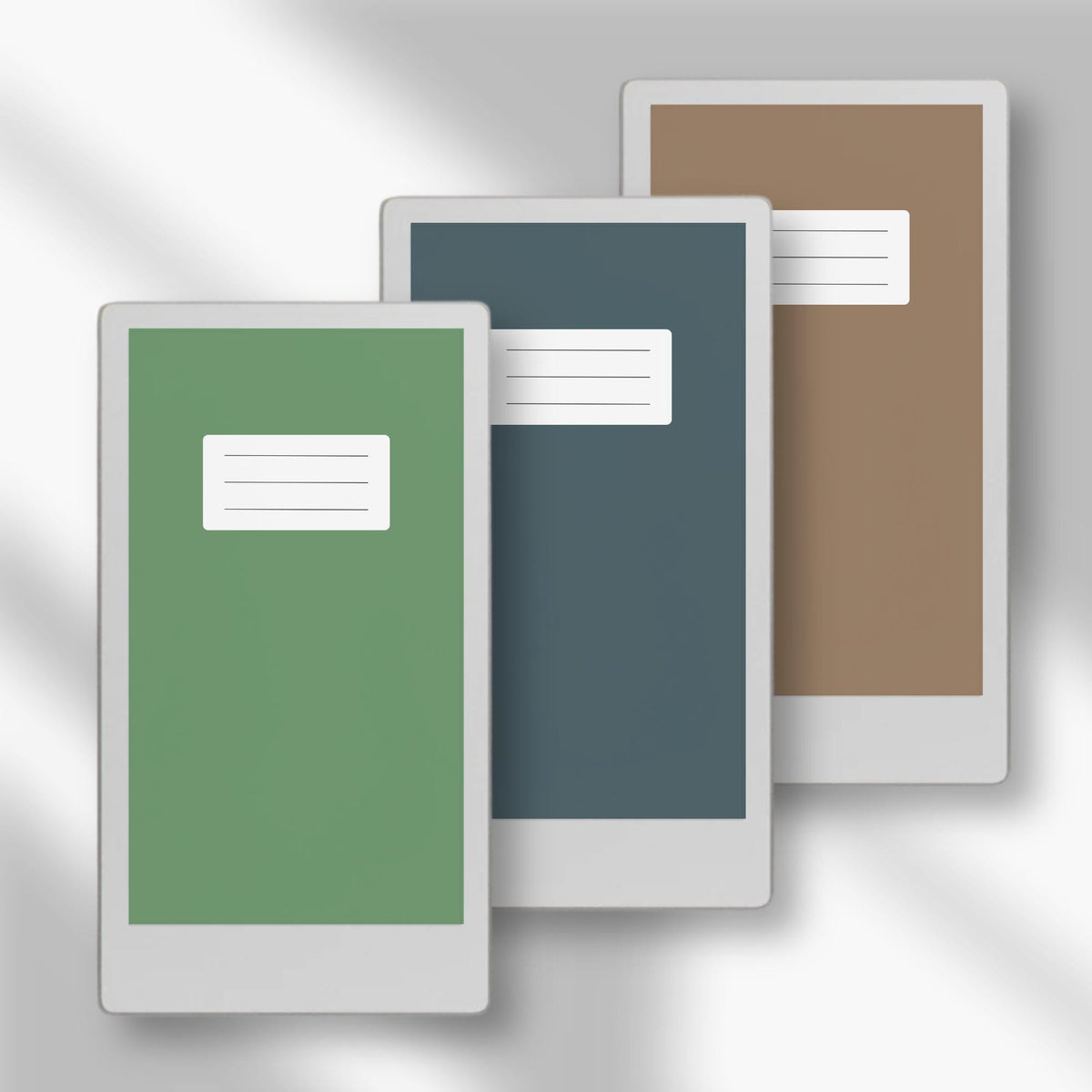 Classic notebook cover bundle for the reMarkable Paper Pro Move featuring 10 solid-color digital covers, minimalist planner aesthetics, and file organization layouts.