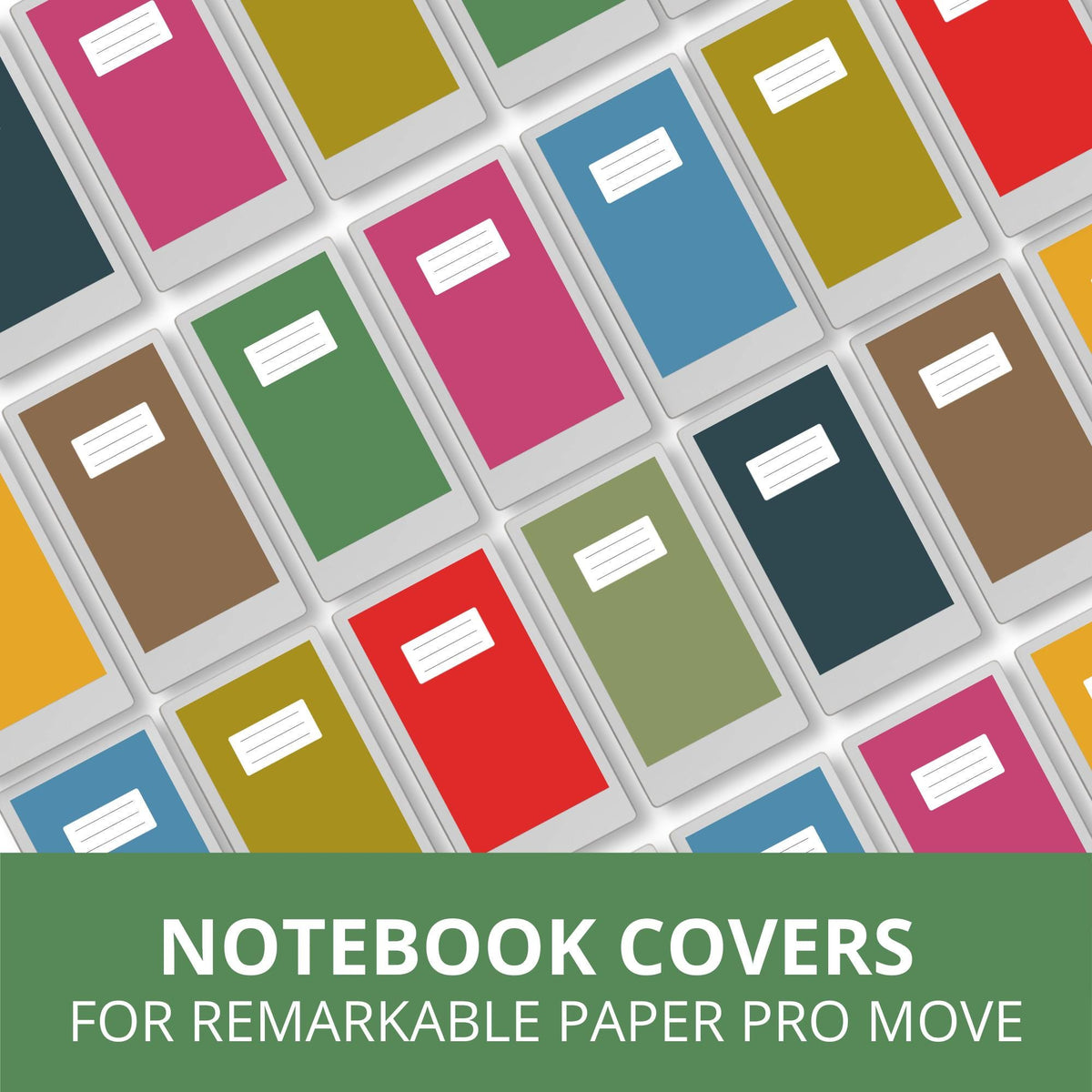 Classic notebook cover bundle for the reMarkable Paper Pro Move featuring 10 solid-color digital covers, minimalist planner aesthetics, and file organization layouts.