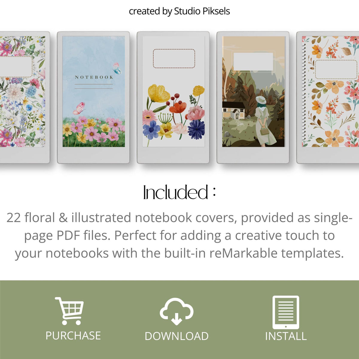 Illustrated notebook cover bundle for the reMarkable Paper Pro Move featuring 22 artistic digital covers, floral patterns, and library organization styles.