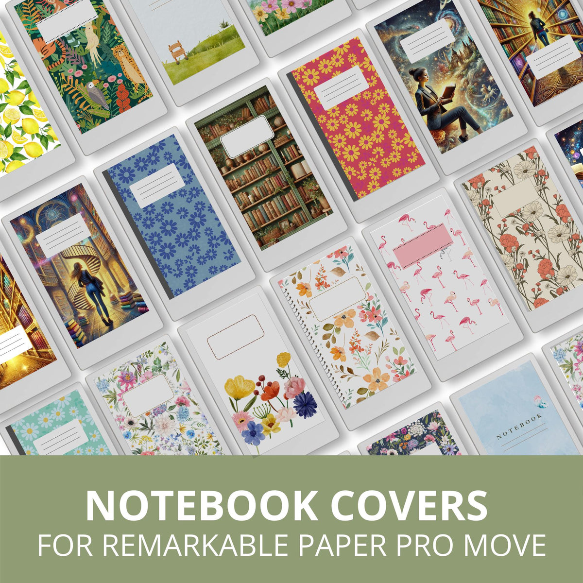 Illustrated notebook cover bundle for the reMarkable Paper Pro Move featuring 22 artistic digital covers, floral patterns, and library organization styles.
