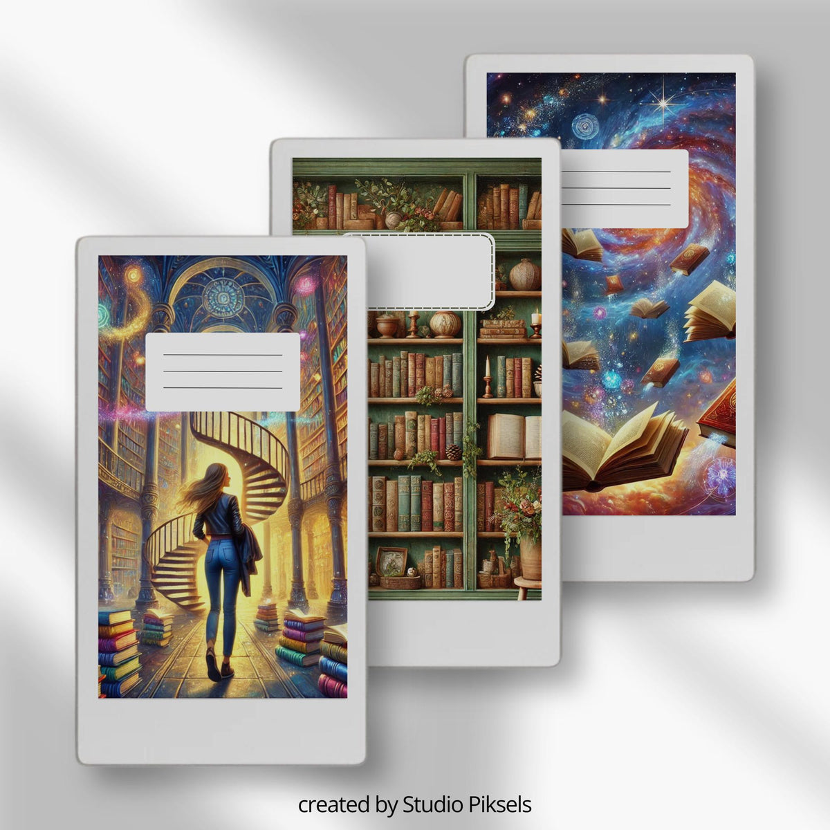 Illustrated notebook cover bundle for the reMarkable Paper Pro Move featuring 22 artistic digital covers, floral patterns, and library organization styles.