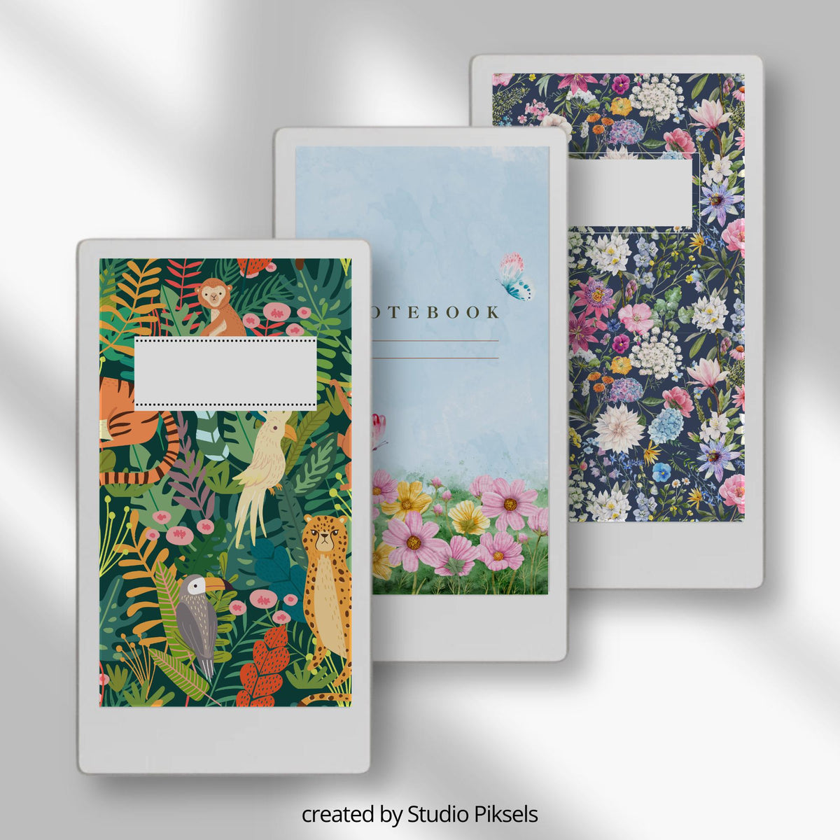 Illustrated notebook cover bundle for the reMarkable Paper Pro Move featuring 22 artistic digital covers, floral patterns, and library organization styles.