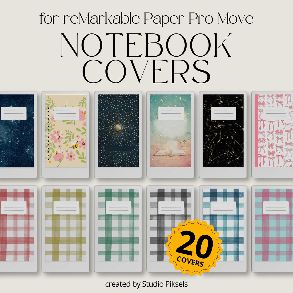Mixed Pattern Notebook Cover Bundle for reMarkable Paper Pro Move: Digital Covers With Plaid, Celestial, and Whimsical Designs