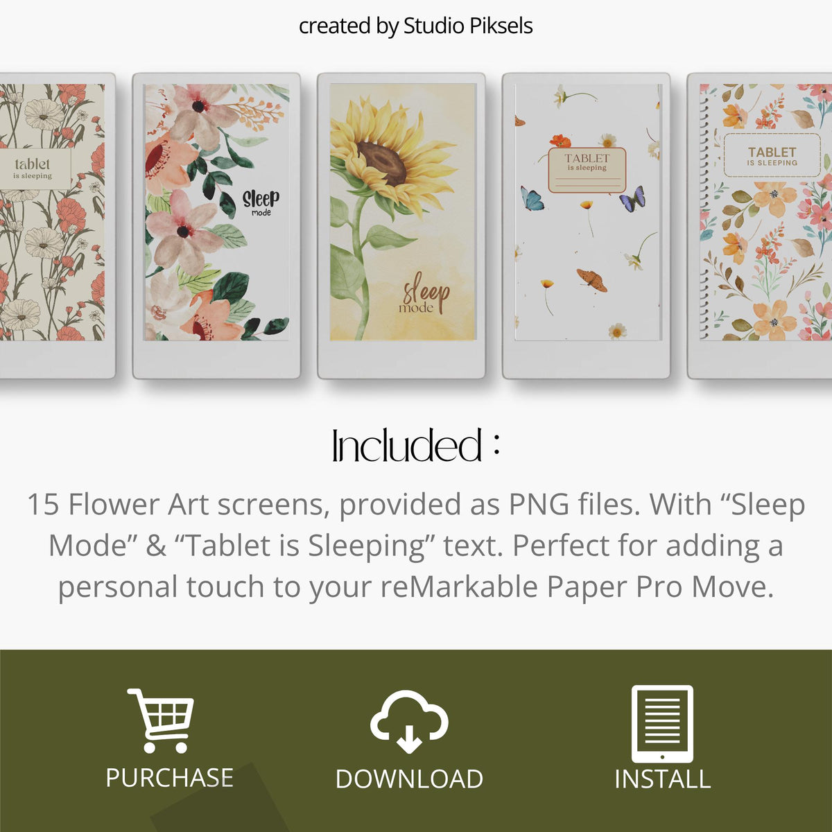 Enhance your reMarkable Paper Pro Move with this floral sleep screen bundle. Each design features soft, colorful flowers and botanical artwork, bringing a natural and calming aesthetic to your device.