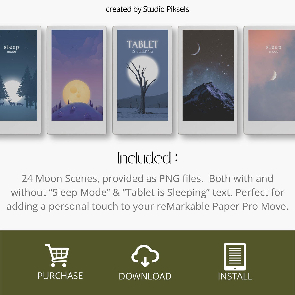 Customize your device with this Lunar Sleep Screen Bundle designed for reMarkable Paper Pro Move. This collection includes 24 moon-inspired sleep screens featuring glowing moons, lunar phases, eclipses, starry skies, and atmospheric night scenes that bring a calm and celestial look to your device during sleep mode.