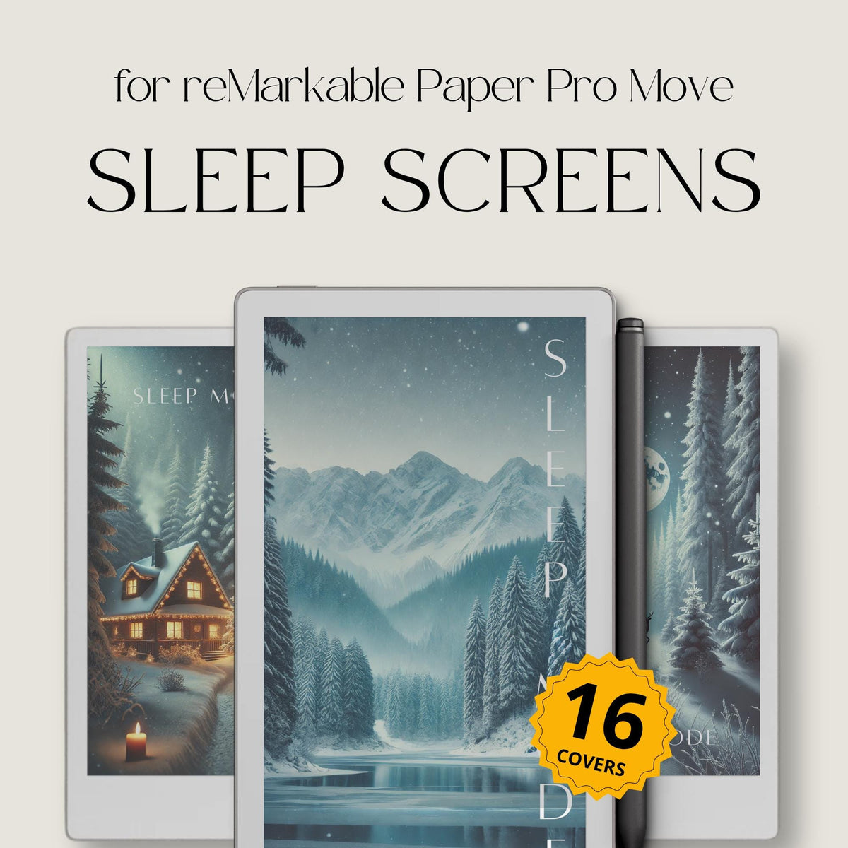Transform your reMarkable Paper Pro Move into a winter retreat with this seasonal sleep screen bundle. Featuring cabins, snowy forests, and starry nights, each design adds a cozy and calming atmosphere to your device.
