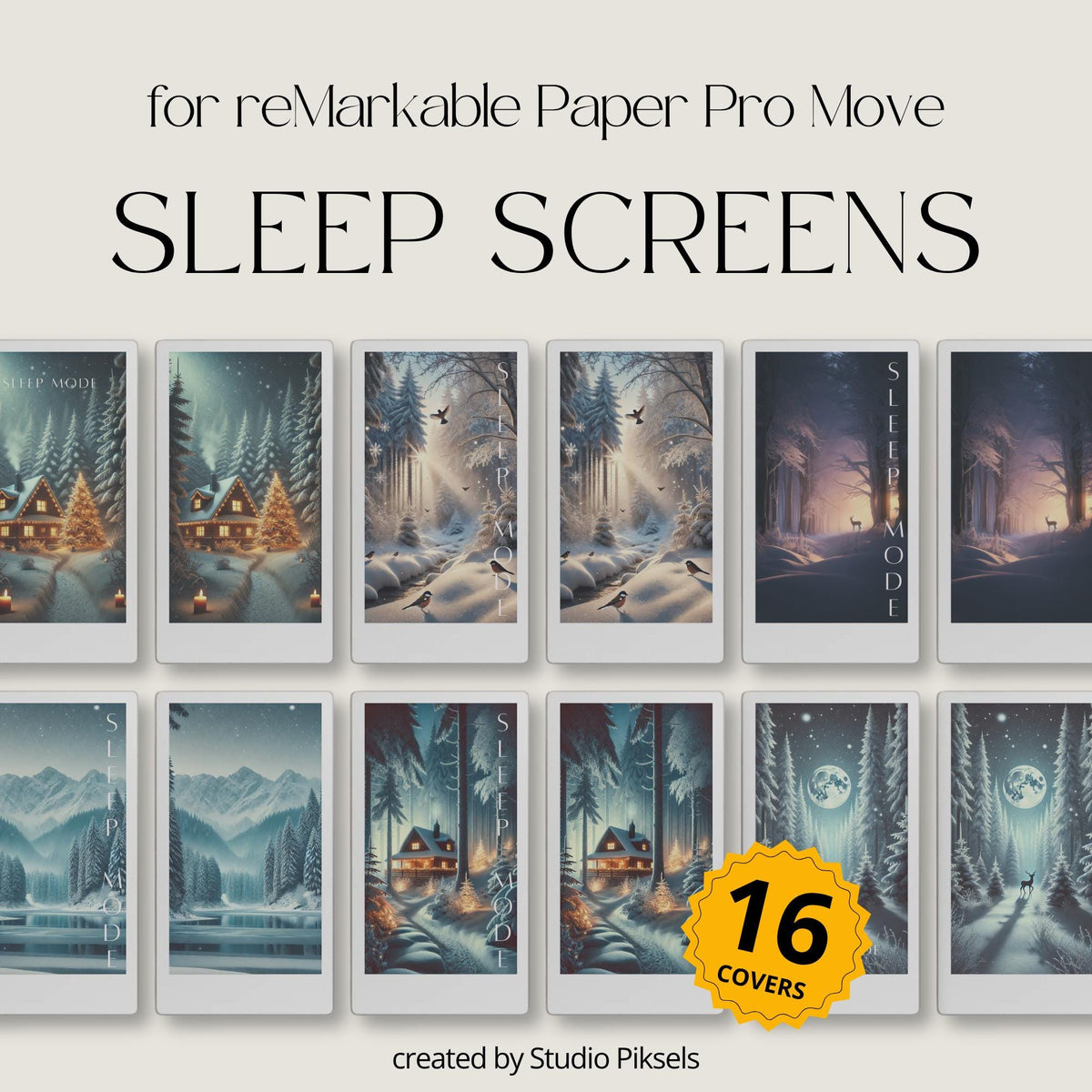 Transform your reMarkable Paper Pro Move into a winter retreat with this seasonal sleep screen bundle. Featuring cabins, snowy forests, and starry nights, each design adds a cozy and calming atmosphere to your device.