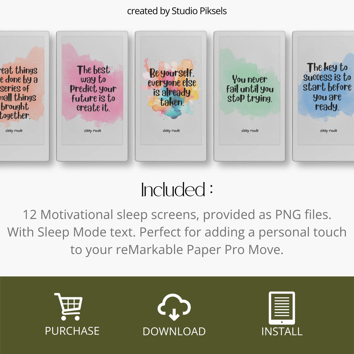 Customize your device with this Motivational Quote Sleep Screen Bundle designed for reMarkable Paper Pro Move. This collection includes 12 colorful sleep screens featuring inspirational quotes, watercolor backgrounds, and uplifting designs that add personality and motivation to your device during sleep mode.