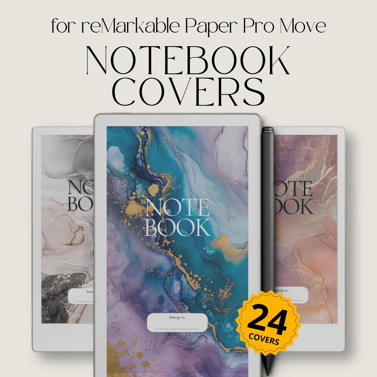 Gemstone notebook cover bundle for the reMarkable Paper Pro Move featuring 24 mineral stone digital covers, crystal textures, and library organization styles.