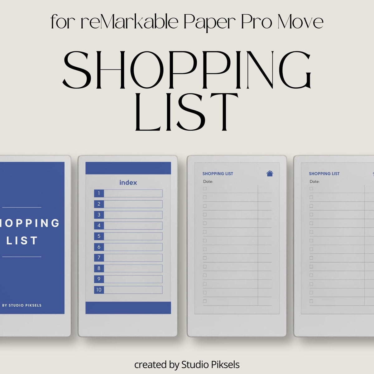 Hyperlinked shopping list template for reMarkable Paper Pro Move with customizable grocery sections and digital checklist navigation
