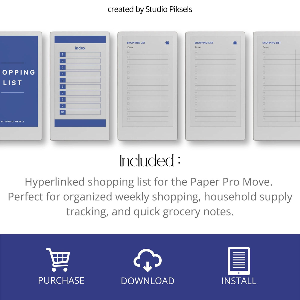 Hyperlinked shopping list template for reMarkable Paper Pro Move with customizable grocery sections and digital checklist navigation