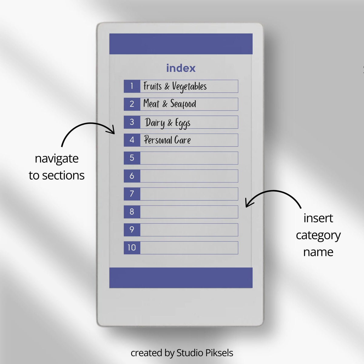 Hyperlinked shopping list template for reMarkable Paper Pro Move with customizable grocery sections and digital checklist navigation