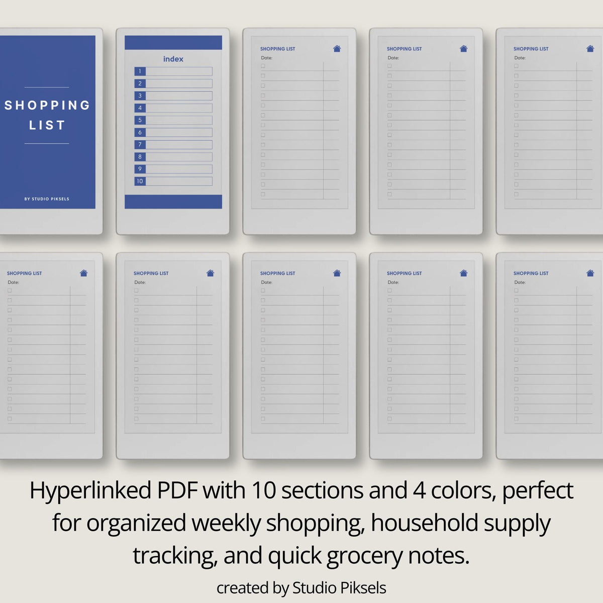 Hyperlinked shopping list template for reMarkable Paper Pro Move with customizable grocery sections and digital checklist navigation