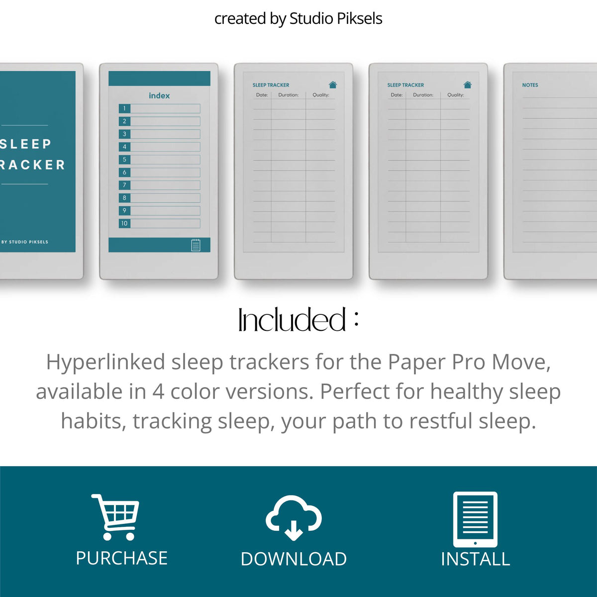 Hyperlinked sleep tracker for reMarkable Paper Pro Move featuring customizable sections, sleep quality tracking layouts, notes pages, and four color digital notebook versions.