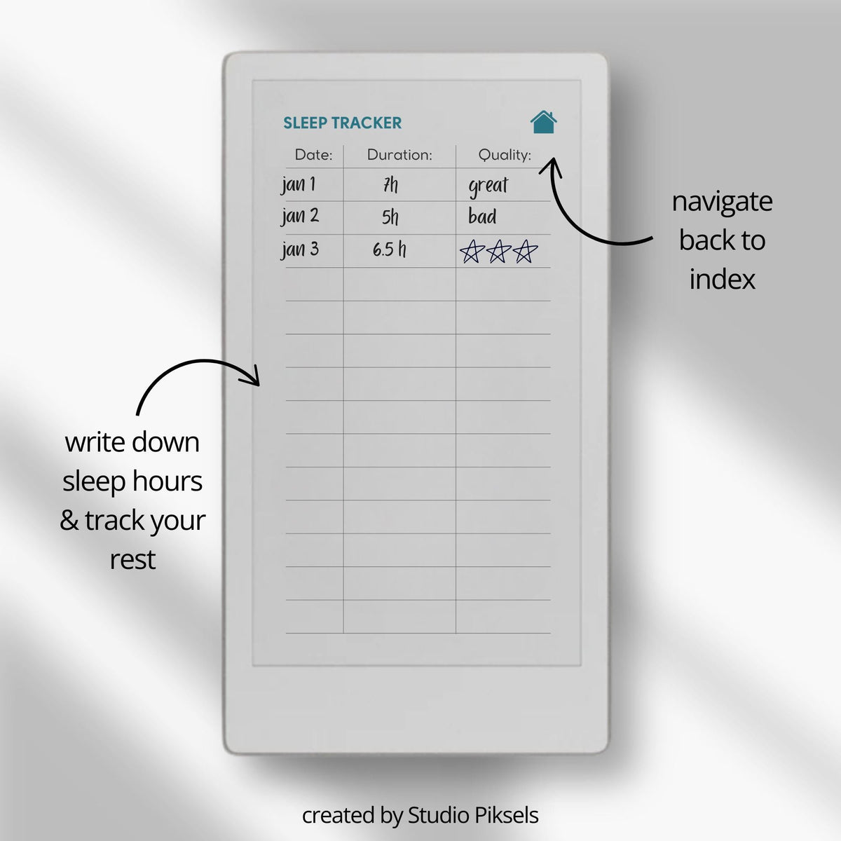 Sleep Tracker Notebook for reMarkable Paper Pro Move: Hyperlinked Sleep Log Template With 10 Sections and 4 Color Versions