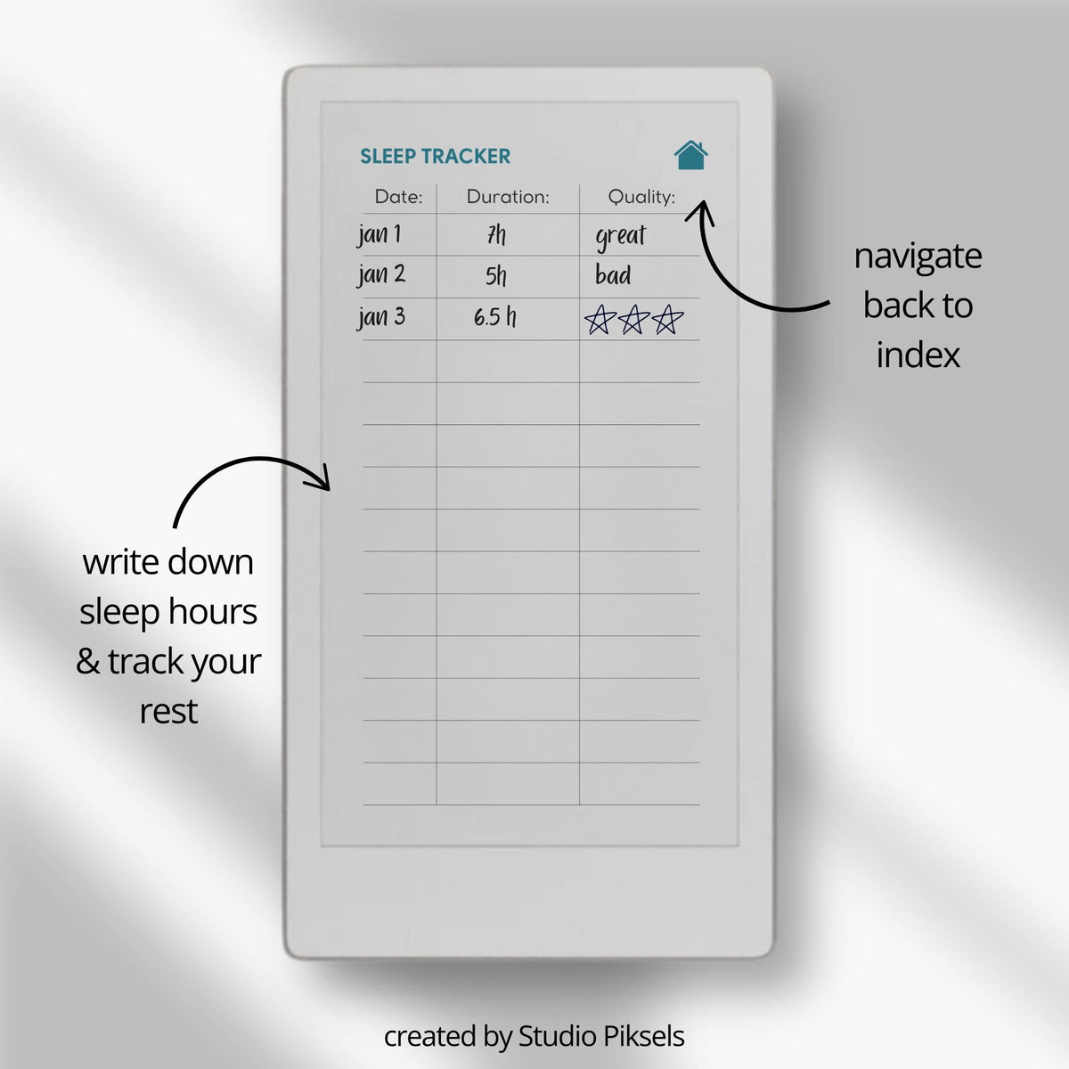 Hyperlinked sleep tracker for reMarkable Paper Pro Move featuring customizable sections, sleep quality tracking layouts, notes pages, and four color digital notebook versions.