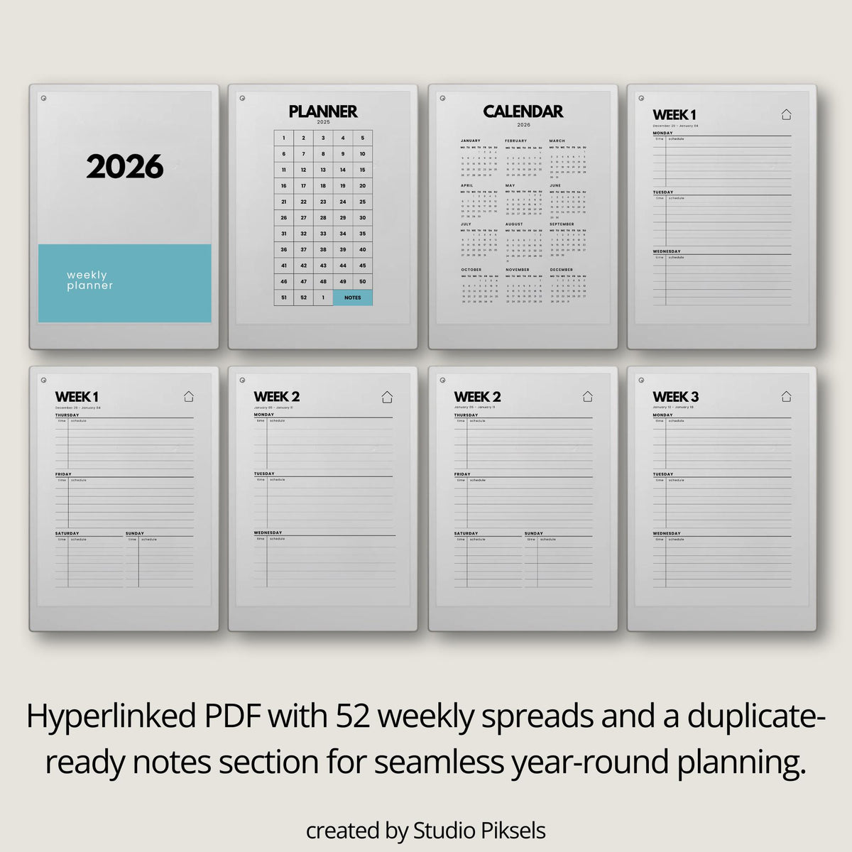 2026 2027 Weekly Planner for reMarkable Paper Pro featuring four hyperlinked digital PDF planners with quarterly and 52-week index versions, 53 dated weekly spreads per year, two-page Monday through Sunday weekly layouts, linked notes section, duplicate-ready note pages, and a flexible time blocking format.