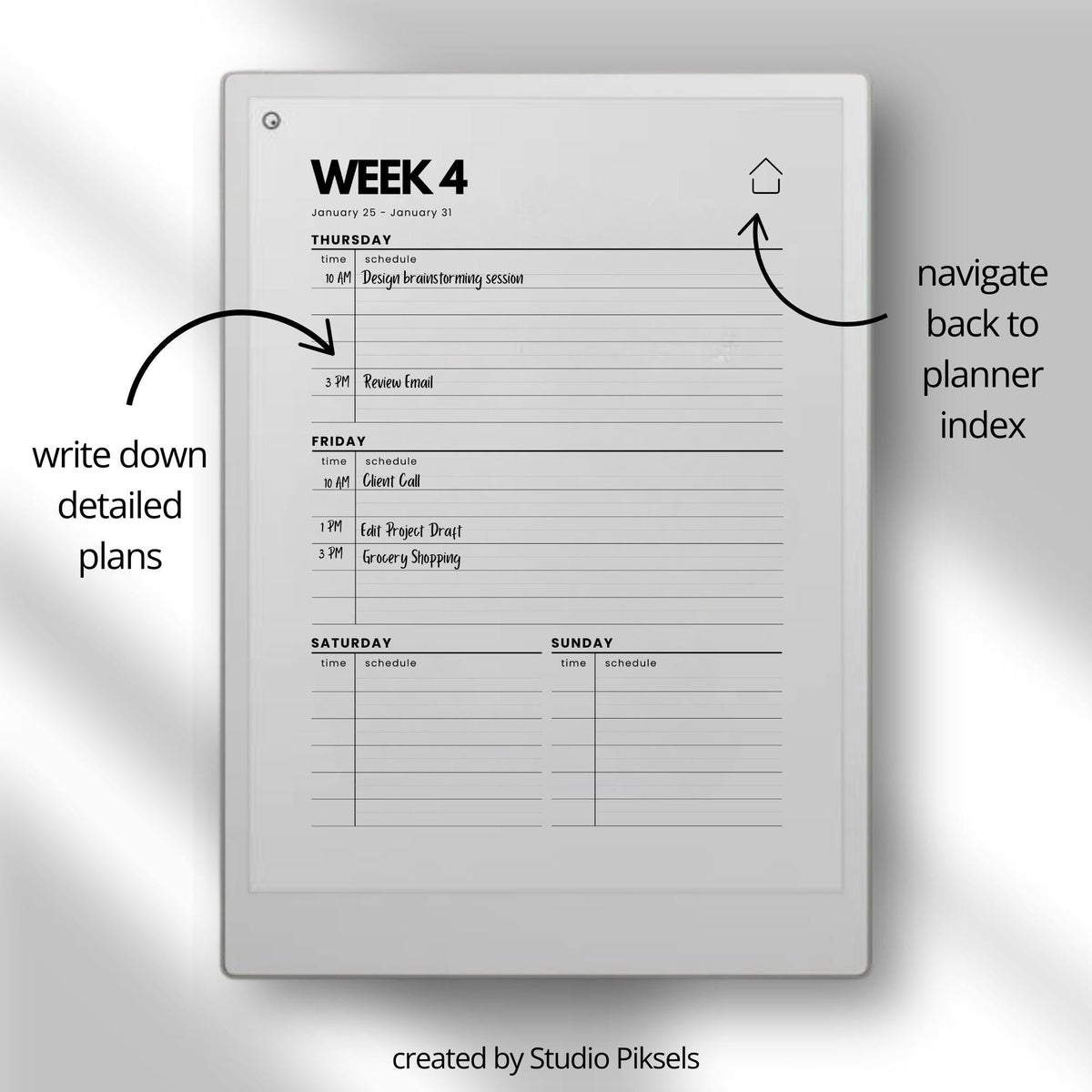 2026 2027 Weekly Planner for reMarkable Paper Pro featuring four hyperlinked digital PDF planners with quarterly and 52-week index versions, 53 dated weekly spreads per year, two-page Monday through Sunday weekly layouts, linked notes section, duplicate-ready note pages, and a flexible time blocking format.