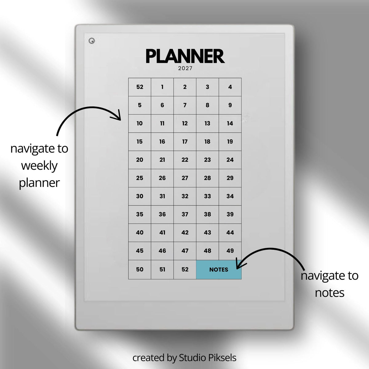 2026 2027 Weekly Planner for reMarkable Paper Pro featuring four hyperlinked digital PDF planners with quarterly and 52-week index versions, 53 dated weekly spreads per year, two-page Monday through Sunday weekly layouts, linked notes section, duplicate-ready note pages, and a flexible time blocking format.