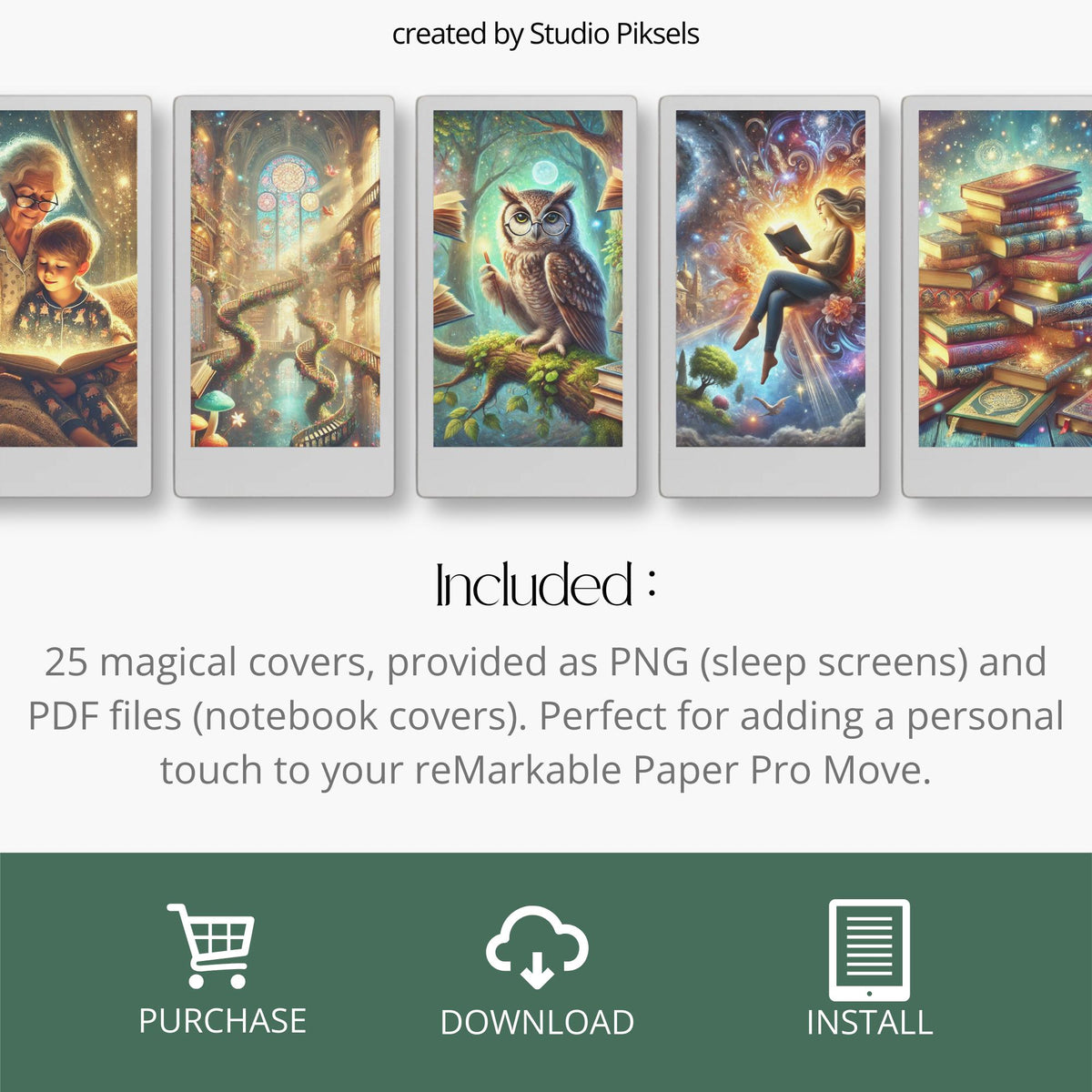 Magical book lovers cover bundle for the reMarkable Paper Pro Move featuring 25 library and reading digital designs in PNG sleep screen and PDF notebook cover formats.