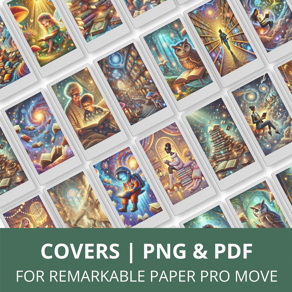 Magical book lovers cover bundle for the reMarkable Paper Pro Move featuring 25 library and reading digital designs in PNG sleep screen and PDF notebook cover formats.