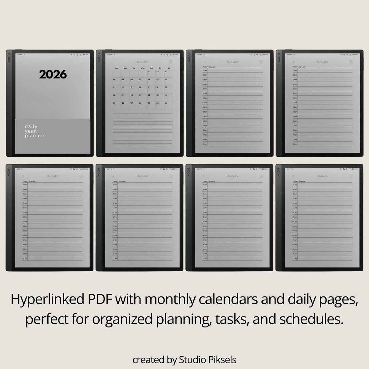 2026 and 2027 hyperlinked digital planners for BOOX devices with daily schedules and monthly calendar layouts