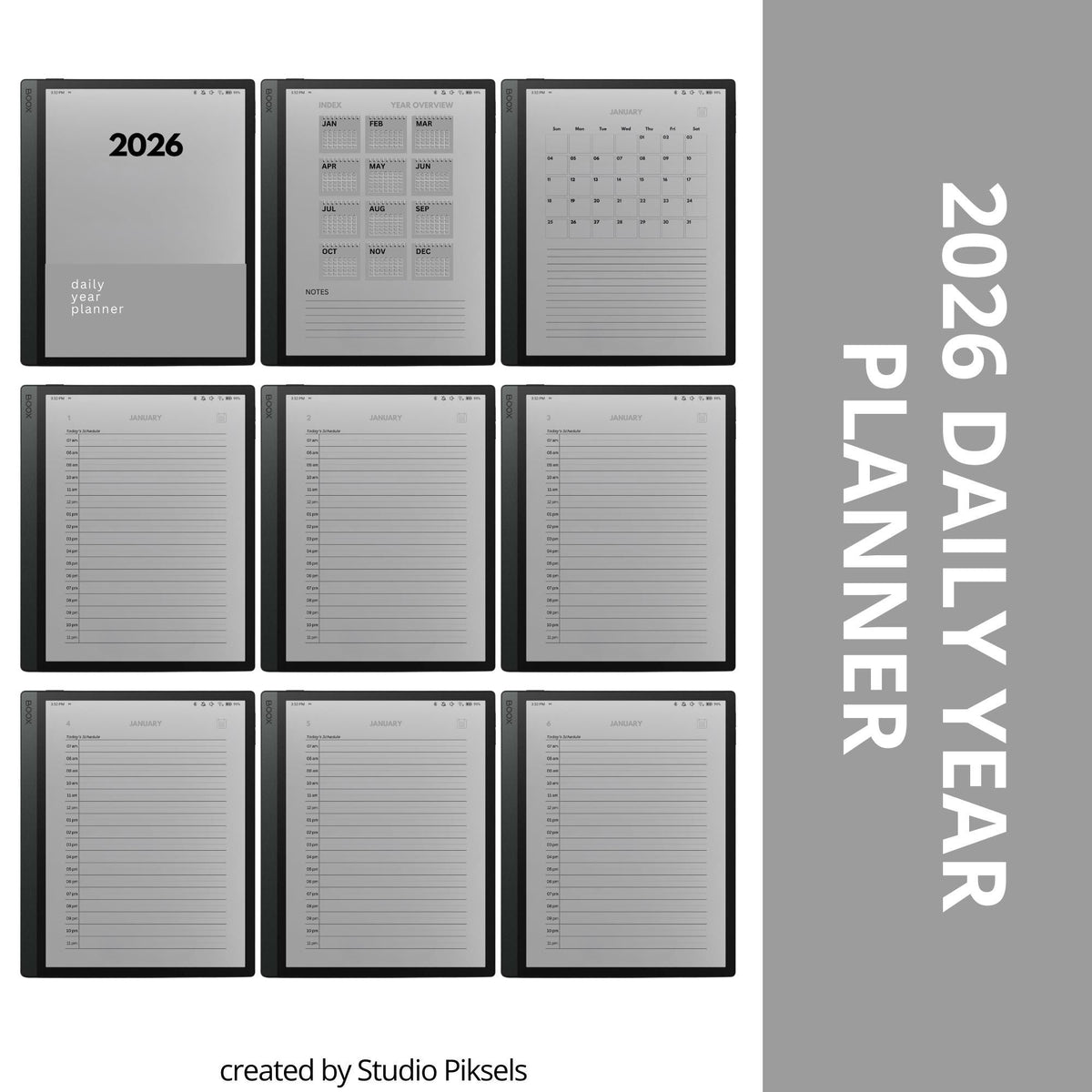 2026 and 2027 hyperlinked digital planners for BOOX devices with daily schedules and monthly calendar layouts