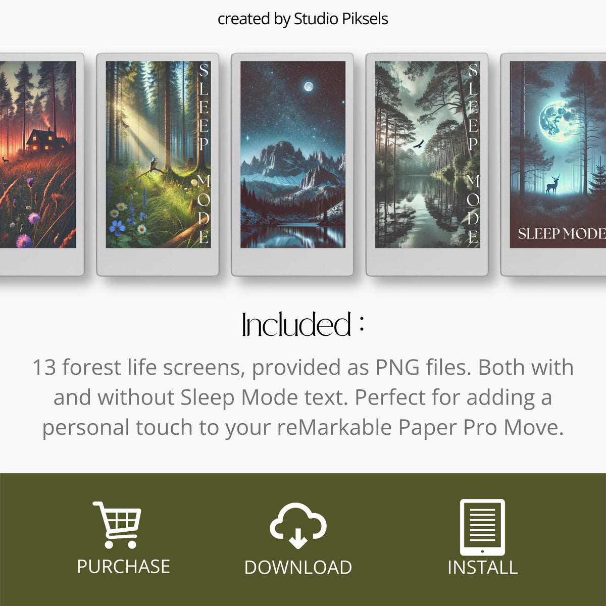 Collection of 13 nature-inspired sleep screens for reMarkable Paper Pro Move, featuring forests and mountains, with two versions per design and high-resolution PNG files.