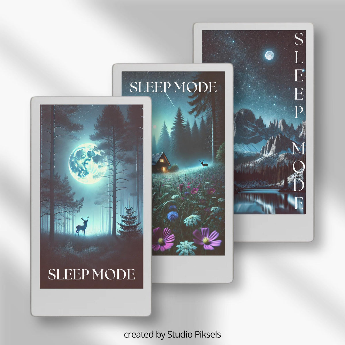 Collection of 13 nature-inspired sleep screens for reMarkable Paper Pro Move, featuring forests and mountains, with two versions per design and high-resolution PNG files.