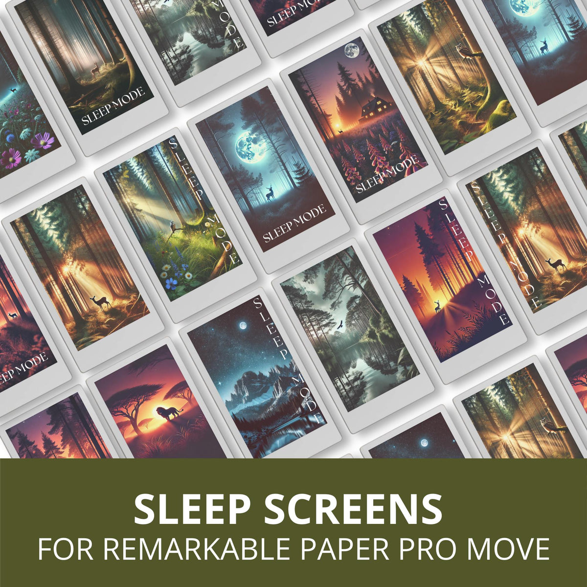 Collection of 13 nature-inspired sleep screens for reMarkable Paper Pro Move, featuring forests and mountains, with two versions per design and high-resolution PNG files.