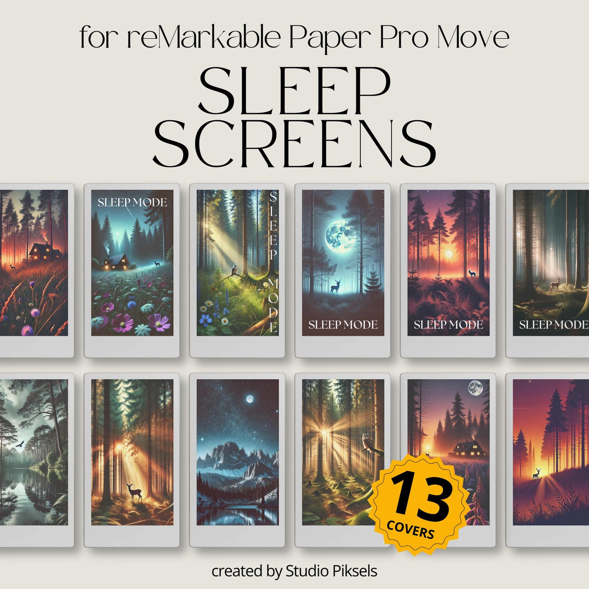 Collection of 13 nature-inspired sleep screens for reMarkable Paper Pro Move, featuring forests and mountains, with two versions per design and high-resolution PNG files.